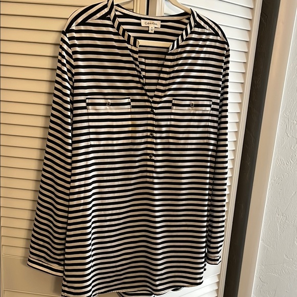 Calvin Klein Tops - Calvin Klein Black & White Striped V-Neck Tunic Blouse SZ XL